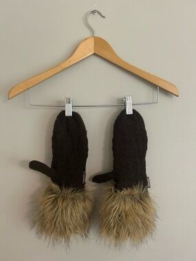 Cozy Faux-Fur Cuff Knit Mittens - Dark Brown